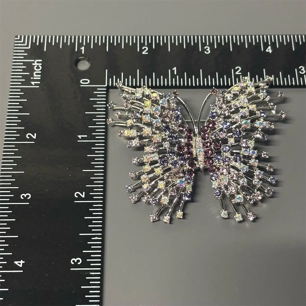 Nolan Miller Butterfly Brooch Silver Tone Rhinestone Crystal Aurora Borealis